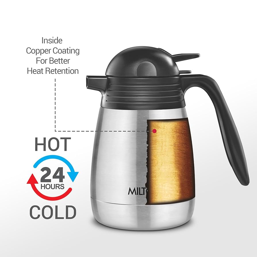 Milton Carafe 1000 Ml Stainless Steel Double Walled Vacuum Insulated Flask with Lid and Handle,1000 ml,ISI Certified, Coffee/Tea Carafe Heat & Cold Retention, Leak Proof, Rust Free, Easy to Carry