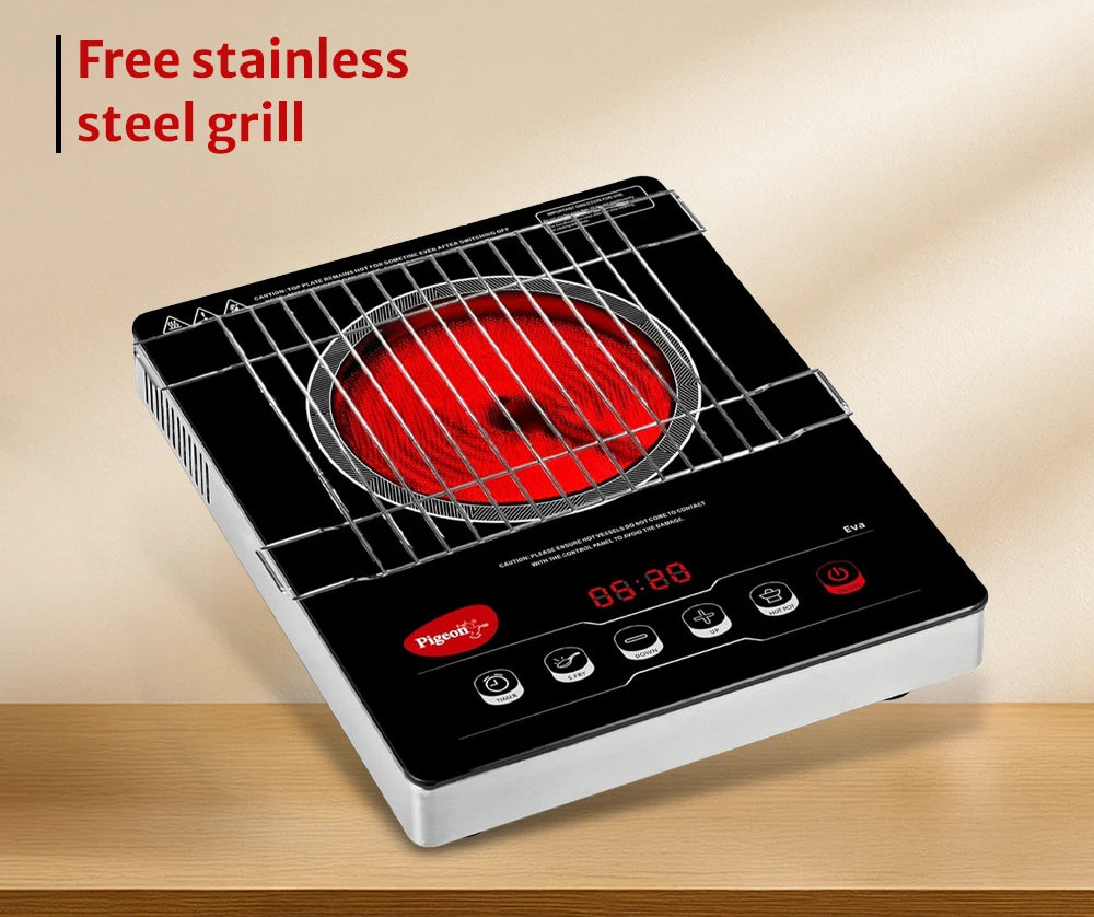 Pigeon EVA Infrared Induction Cooktop 2000W with BBQ Grill | Suitable for Flat Bottom Utensils – Cast Iron, Stainless Steel, Aluminium & Copper