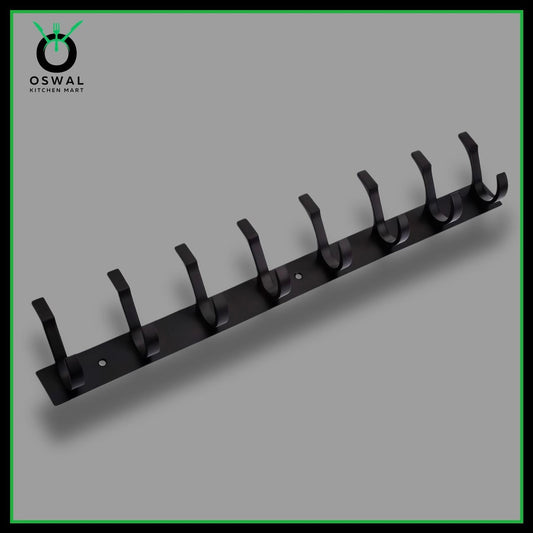 Stainless Steel Black Wall Mounted 8-Hook Hanger | Heavy-Duty Dual Hooks for Bathroom, Kitchen & Home | Pack of 1