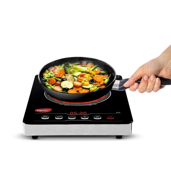Pigeon EVA Infrared Induction Cooktop 2000W with BBQ Grill | Suitable for Flat Bottom Utensils – Cast Iron, Stainless Steel, Aluminium & Copper