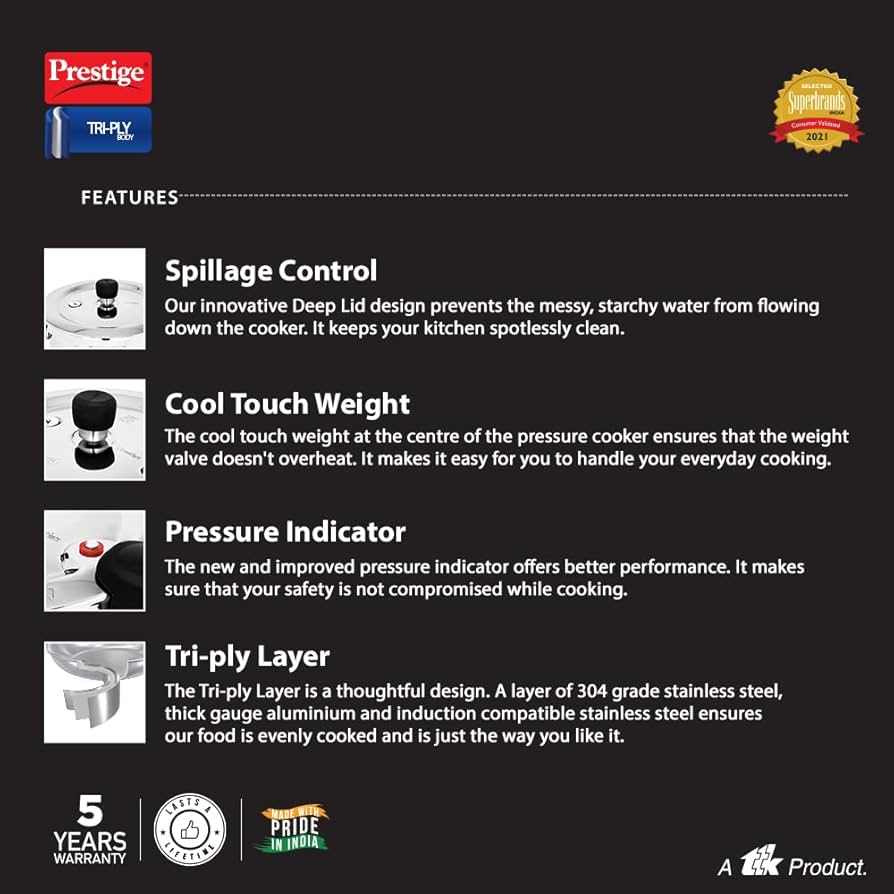 Prestige Svachh Triply Outer Lid Pressure Cooker with Unique Deep Lid for Spillage Control, 2 Litre,      304 Stainless Steel Inner Surface, Thick Gauge, 2 litre