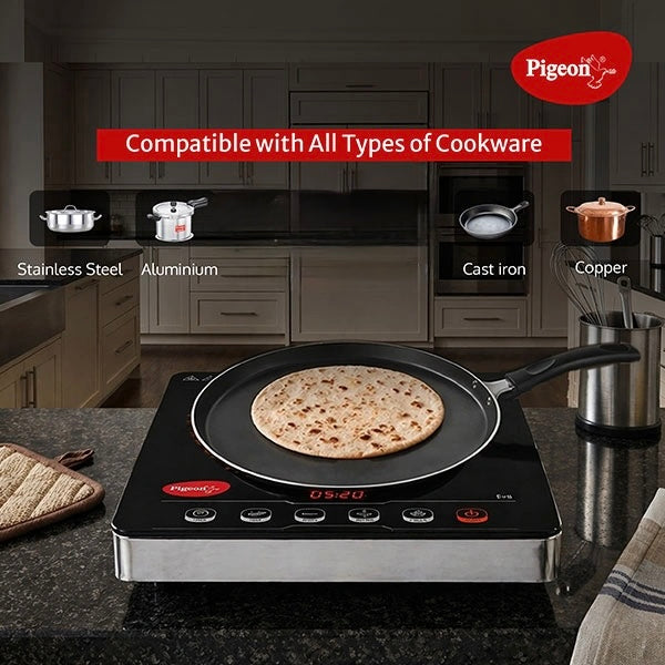 Pigeon EVA Infrared Induction Cooktop 2000W with BBQ Grill | Suitable for Flat Bottom Utensils – Cast Iron, Stainless Steel, Aluminium & Copper