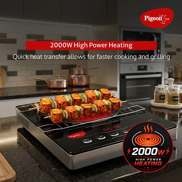 Pigeon EVA Infrared Induction Cooktop 2000W with BBQ Grill | Suitable for Flat Bottom Utensils – Cast Iron, Stainless Steel, Aluminium & Copper