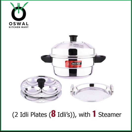 Eurostyle Stainless Steel Idli Pot with Lid - 8 Idly Capacity/2 Idly Plates / 1 Steam Plate / Steam & Serve Pot - ISI Mark Certified /with Strong Handles & Knobs / Induction Friendly/Multi-Tier Steaming Cookware for Idli, Dhokla, Modak & More(Pack of 1)