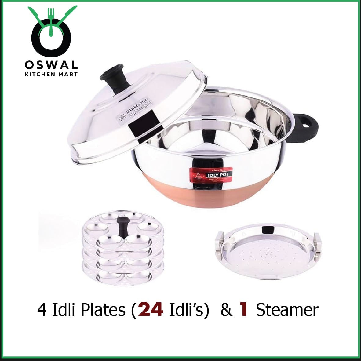 Stainless Steel Idli Steamer with 4 Idli Plates (24 Idlis) & 1 Steamer Plate Heavy Copper Base Idli Steamer with Lid|ISI Mark Certified|Gas & Induction Compatible|EuroStyle Multipurpose Cookware for Idli,Idiyappam, Dhokla, Modak& Serving More(Pack of 1)