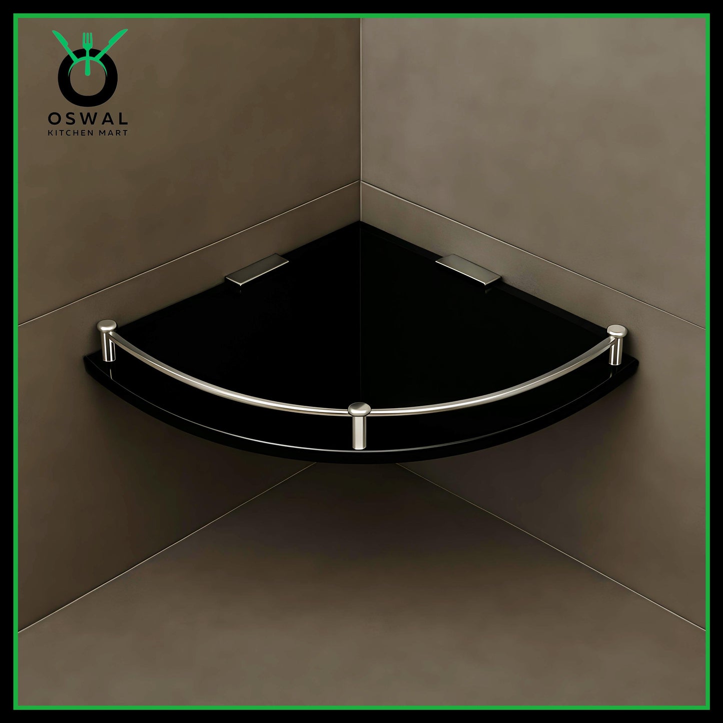 Chirag 10x10 Inch Black Acrylic Corner Shelf with Stainless Steel Railing – Pack of 1 | Bathroom Shelf & Accessories | Wall Mounted Rack for Kitchen, Office, Wash Area | Multipurpose Organizer
