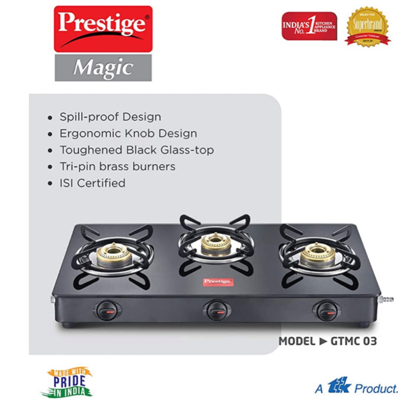 Prestige Magic Toughened Glass Top 3 Brass Burner Gas Stove