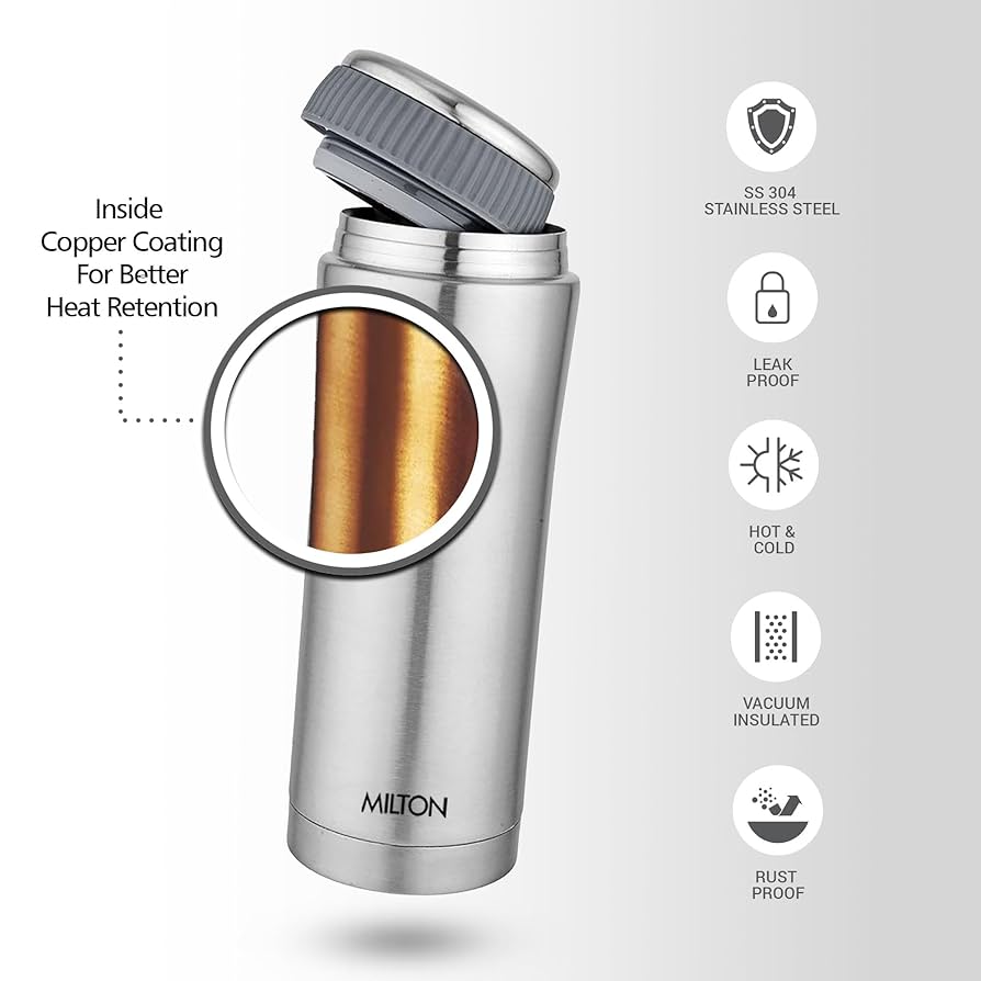 Milton Optima 420 Ml Thermosteel Hot and Cold Flask, 420 ml | ISI Certified | Vacuum Insulated | Rust Proof | Leak Proof | Tea | Coffee | Juice