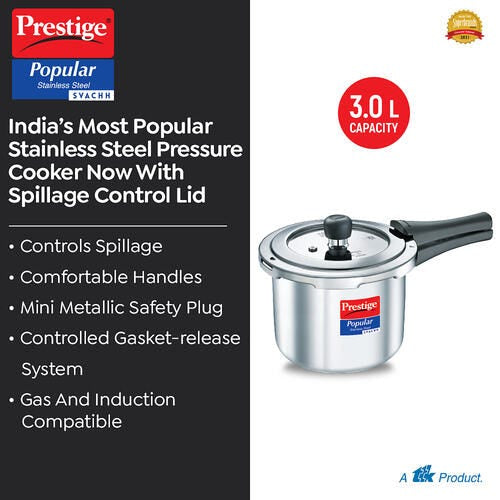 Prestige 3 L Popular Svachh Spillage Control Stainless Steel Pressure Cooker, 3 Litres