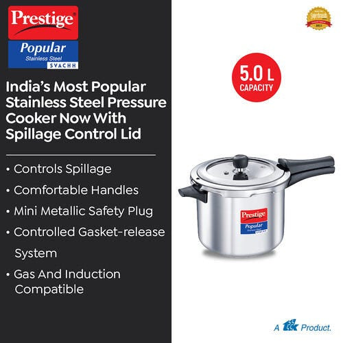 Prestige 5L Popular Svachh Spillage Control Stainless Steel Pressure Cooker, 5 Litres