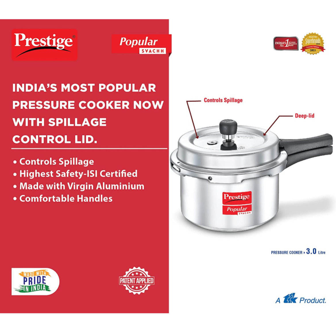 Prestige Popular Svachh Virgin Aluminium Spillage Control 3L Pressure Cooker