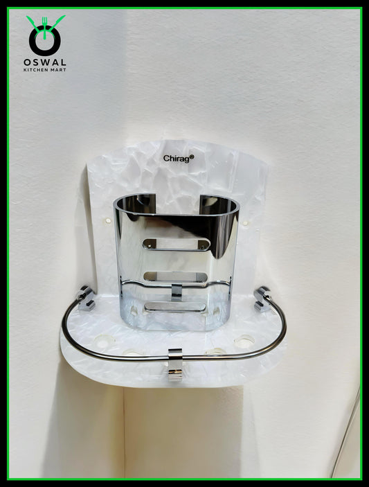 Chirag Marble White  Tumbler Holder with Steel Railing – Wall Mounted Bathroom Organizer (Pack of 1)