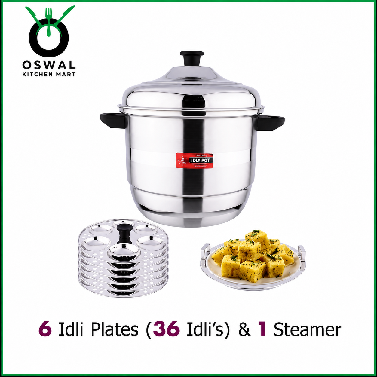 Stainless Steel Idli Steamer with 6 Idli Plates (36 Idlis)&1 Steamer Plate | ISI Mark Certified|Gas & Induction Compatible|Durable Knobs & Handle |EuroStyle Multipurpose Cookware for Idli,  Idiyappam, Dhokla,Modak & Serving More(Pack Of 1)