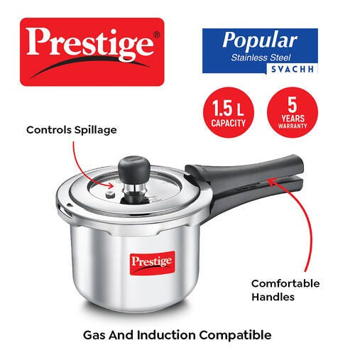 Prestige Popular Svachh Spillage Control Stainless Steel Outer Lid Pressure Cooker, 1.5 Litre