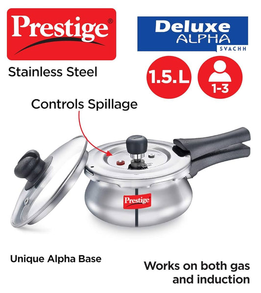Prestige Deluxe Alpha Svachh Stainless Steel Pressure Cooker Handi 1.5L With Glass Lid (With Deep Lid For Spillage Control )