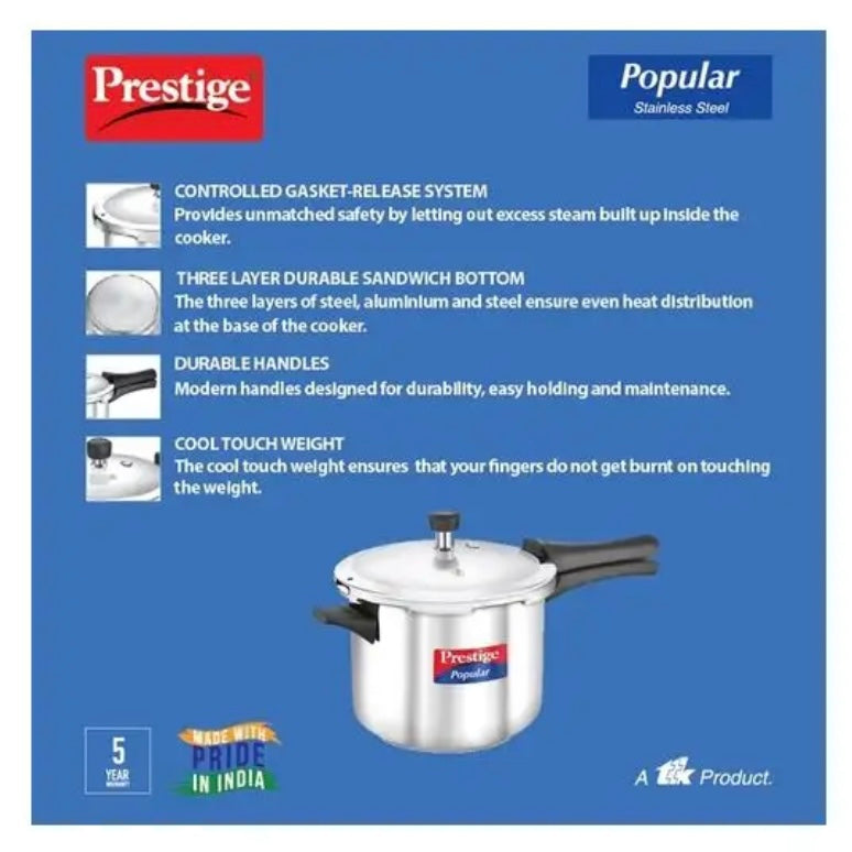 Prestige Popular Stainless Steel 5L Pressure Cooker