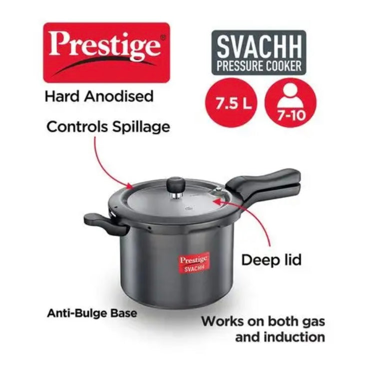 Prestige Svachh 7.5L Outer Lid Pressure Cooker With Hard Anodized Aluminium Body (Black)