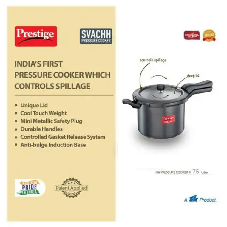 Prestige Svachh 7.5L Outer Lid Pressure Cooker With Hard Anodized Aluminium Body (Black)