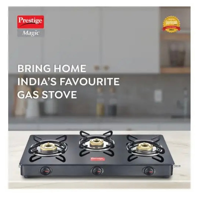 Prestige Magic Toughened Glass Top 3 Brass Burner Gas Stove