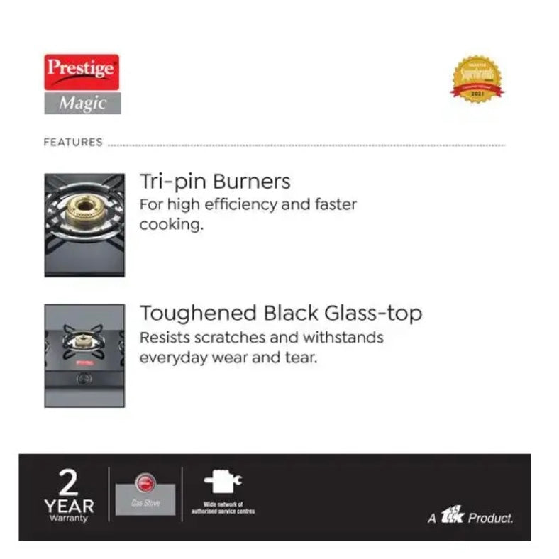 Prestige Magic Toughened Glass Top 3 Brass Burner Gas Stove